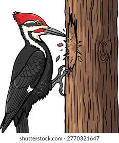Pileated woodpecker pecking a tree trunk isolated graphic white background animal portrait wild animal art red crest black feathers white stripes