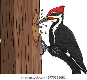Pileated woodpecker pecking at a tree trunk with white background woodpecker drilling wildlife creature illustration isolated natural history ornithology