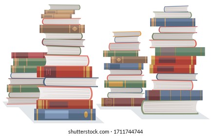 A lot of piled up books on white background. Vector illustration in flat cartoon style.