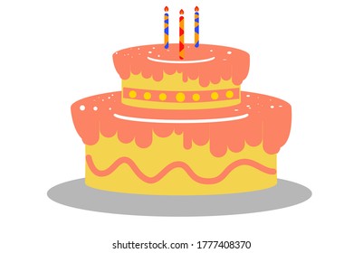 piled cake with three candles burning on it
