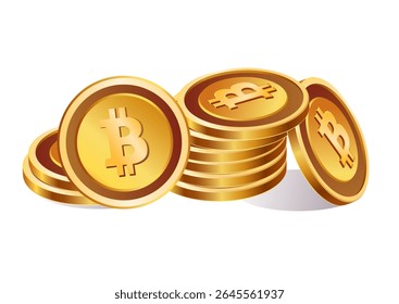 Piled three-dimensional golden Bitcoin coins illustrating cryptocurrency wealth, investment potential, and financial growth