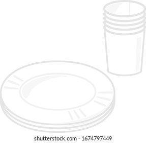 Platos y tazas de papel blanco apilado