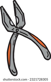 Pilers for cutting wire hand drawn colored outline illustration. Simple construction tool for many purposes cartoonish logo detail. Gray clamp handy service accessories original pen drawing decoration