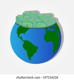 Piles of banknotes on the planet earth. Money on the planet