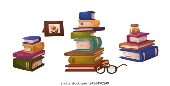 Piles of books isolated on white background. Vector cartoon illustration of literature stacks, fairy tale, novel, encyclopedia, textbook collection, aroma candle and glasses, bookshelf design elements