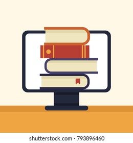 Piles of books on desktop PC screen. Concept vector illustration of distance studying, self education, digital online library, e-books.
