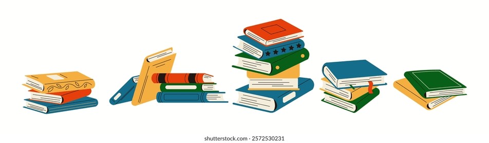 Piles of books in public library flat color vector objects set. Reading hobby and educative materials illustrations bundle on white background