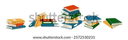 Piles of books in public library flat color vector objects set. Reading hobby and educative materials illustrations bundle on white background