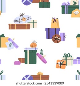 Piles of Christmas or Birthday presents on endless background. Repeatable pattern of wrapped gift boxes for Xmas, New Year. Heaps of festive surprises for holiday. Flat seamless vector illustration