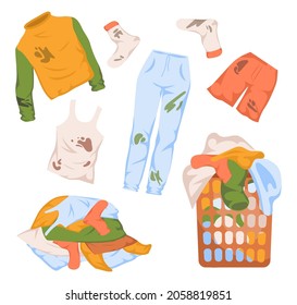 Piles of clean and dirty clothes vector illustration set. Mud and dirt on jeans, socks, tshirt, shorts and sweater. Laundry, household chores, cleanliness concept