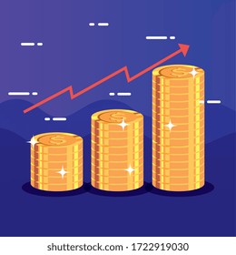 piles of coins with arrow up infographic vector illustration design