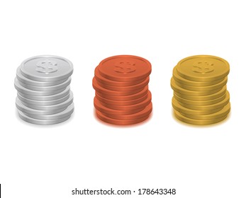 Piles of coins isolated on white background