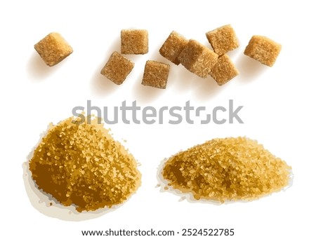 Piles and cubes of brown sugar. Vector objects isolated on white background