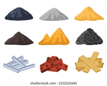 Piles of different building materials vector illustrations set. Piles of sand, bricks, crushed stone, timber or wood, gravel, metal tubes isolated on white background. Construction concept