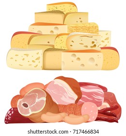 Piles of different realistic delicacy cheeses and appetizing meat isolated on white.