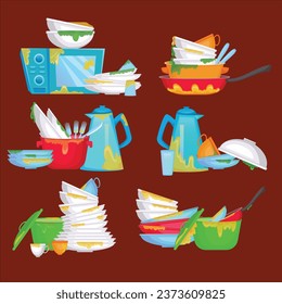 piles dirty dishes illustrations set vector design illustration