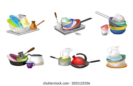 Piles of Dirty Dishes and Utensils with Plates and Cups Vector Set