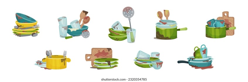 Piles of Dirty Dishes and Utensils with Plates and Cups Vector Set