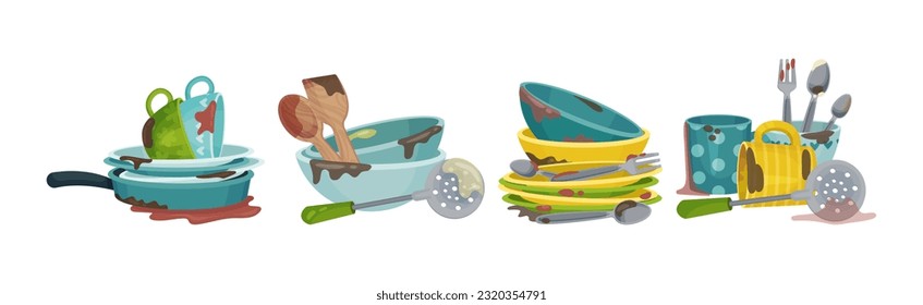 Piles of Dirty Dishes and Utensils with Plates and Cups Vector Set