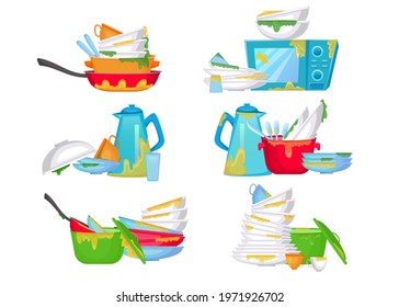 Piles of dirty dishes vector illustrations set. Stacks of plates and cups with pieces of food, greasy kitchenware or utensils isolated on white background. Kitchen, household, chores, cleaning concept