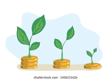 piles of gold coins with green shoots of various sizes. financial capital growth
