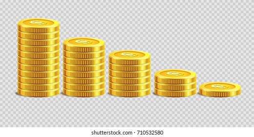Montones de monedas brillantes de oro colocadas de las más grandes a las más pequeñas