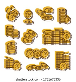 Piles with golden coins, currency of united states of America. Isolated icons with money, savings or financial deposit. Investment or earning, wealthy find of precious materials, vector in flat style