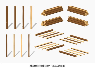 Piles of logs. 3D lowpoly isometric vector illustration. The set of objects isolated against the white background and shown from different sides