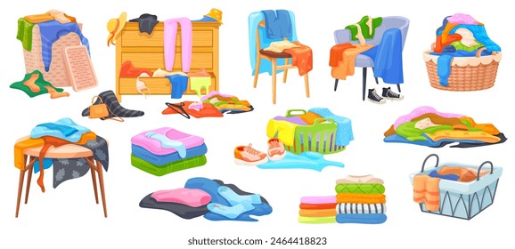 Piles messy clothes. Mess smell clothes heap on floor folded stack cloths for home laundry declutter, teenager messy apparel chair, dirty clothing basket neat vector illustration of messy pile clothes