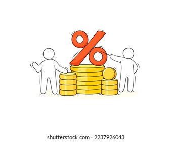 Piles of money, gold coins, big percent sign. Concept of finance, investment, business profit with doodle people and coins stacks, vector hand drawn illustration