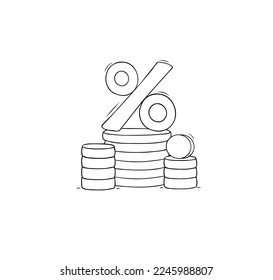 Piles of money, gold coins, big percent sign. Concept of finance, investment, business profit with doodle coins stacks, vector hand drawn illustration