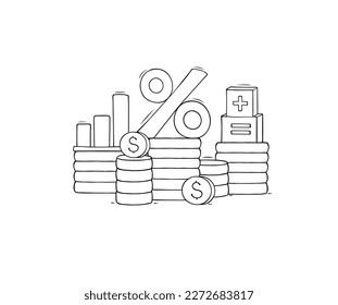 Piles of money, gold coins with growth graph, percent and calculation icons. Concept of finance, investment, business profit with coins stacks, vector hand drawn illustration