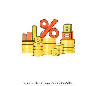 Piles of money, gold coins with growth graph, percent and calculation icons. Concept of finance, investment, business profit with coins stacks, vector hand drawn illustration