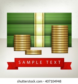 Piles of money stack. Cash dollar and gold coins. Vector illustration