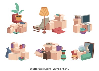 Piles of moving boxes. Packed empty boxes for storage and relocation, delivery service concept with pile of parcels. Vector illustration. Paper packages for household things, new apartment