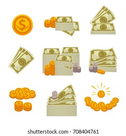 Piles of paper dollars, silver and gold coins