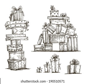 Piles of presents. Doodle heaps of gift boxes. Vector illustration. 