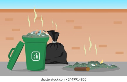 Piles of rubbish on city streets. Black trash bags and garbage container with unsorted trash. Vector illustration.