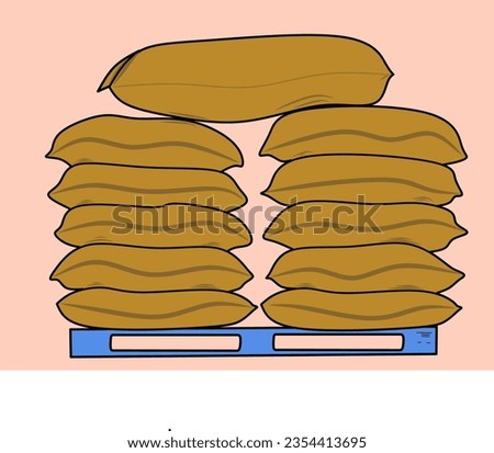 piles of sacks of rice. sacks stacked on pallets
