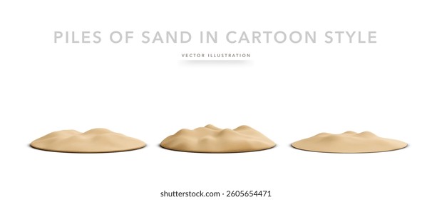 Piles of sand in 3d cartoon style isolated on white background. Vector illustration