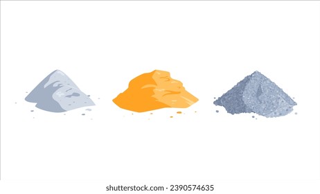 Piles of sand, cement and gravel. Construction site. Vector cartoon icons isolated on a white background.