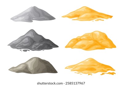 Piles of sand, gravel, cement, Building material heaps. Perfect for building site concepts. Vector illustration isolated on white background