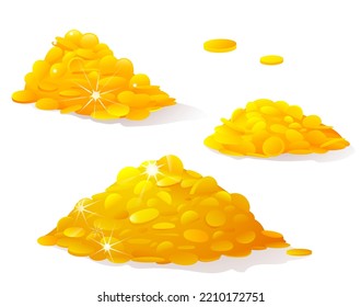 Piles of shiny golden coins, treasure and wealth clipart for gaming design and fairytales. Golden fortune or rich pirates treasure isolated clipart. Vector illustration.