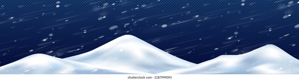 Piles of snow in winter storm png, realistic 3D illustration on transparent background. Windy frosty weather with blurred snowflakes flying in air. Panoramic North Pole landscape. Christmas fairy tale