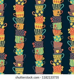 Piles of stacked colorful cups on dark background seamless pattern. Hand drawn vector illustration of tea mugs. For cafe, restaurant, bar menu, poster, fabric, wrapping, banner, scrapbooking, kitchen