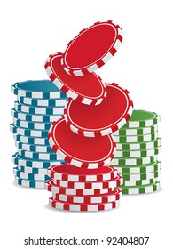 Piles of vector colorful casino chips isolated on white
