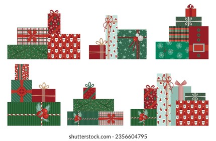 Montones de cajas de regalo envueltas. Juego de regalos de Navidad. Presentar cajas con cintas, arcos y papeles de envoltura de Navidad. Para tarjetas de felicitación, banner, ilustración web, icono o logotipo. Ilustración del vector EPS 10