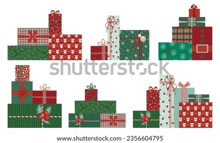 Piles of wrapped gift boxes. Christmas gifts set. Present boxes with ribbons, bows and Christmas wrapping papers. For greeting card, banner, web illustration, icon, or logo. Vector illustration EPS 10