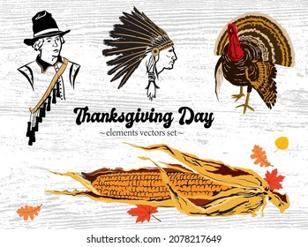 Pilgrim, American Indian, Turkey and Corn Vector illustration Set.