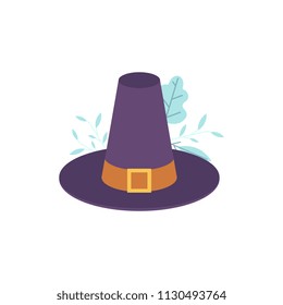 Pilgrim blue hat with buckle and belt, symbol of harvest, thanksgiving holiday. American traditional decoration objects, colony farmers element. Vector isolated illustration
